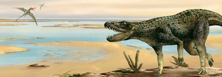Reconstrucción de un paisaje del Triásico con reptil rausuchio y pterosaurio al fondo