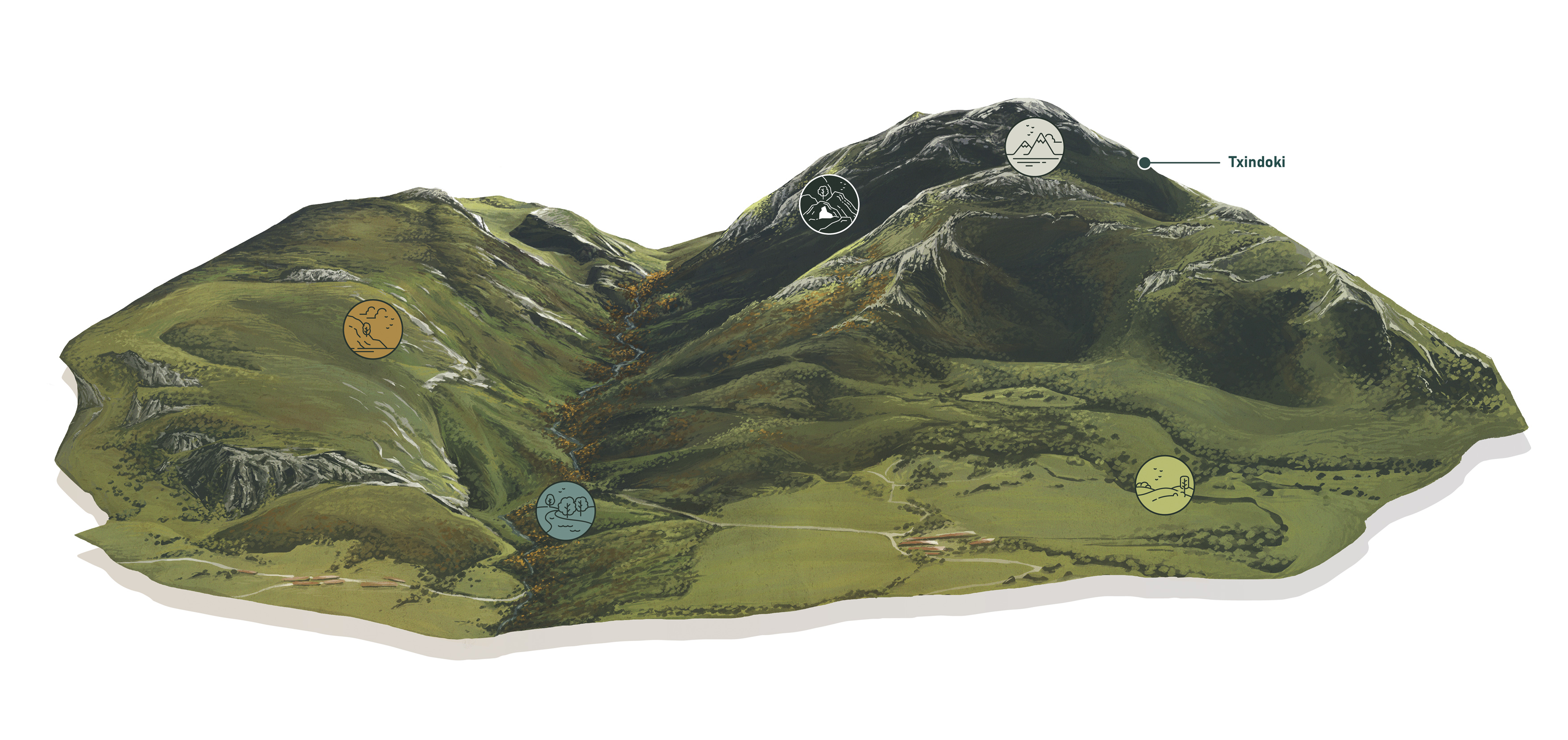 Ilustración del monte Txindoki y las distintas zonas en las que habita la fauna de la sierra